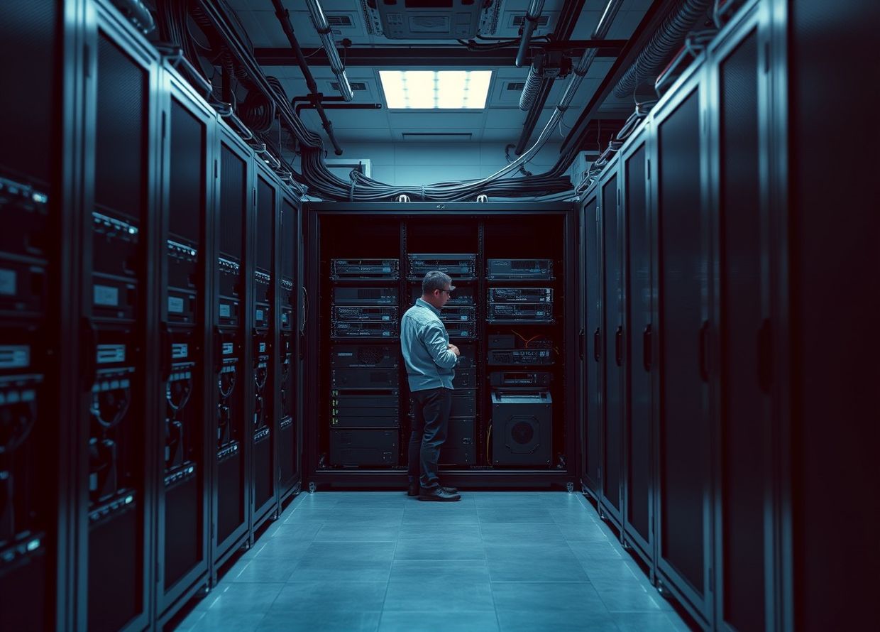 Инженер проверяет локальные серверы для обучения и инференса моделей