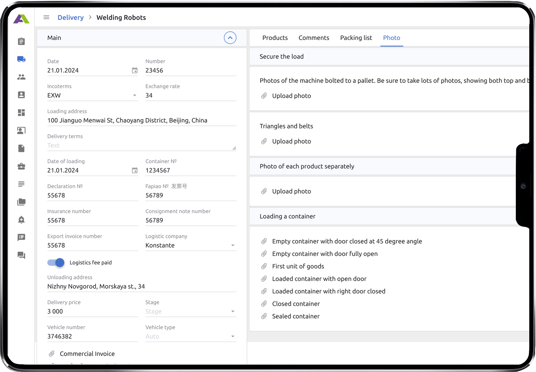 Карточка доставки с документами и фотоотчётами в системе ANLIWEI