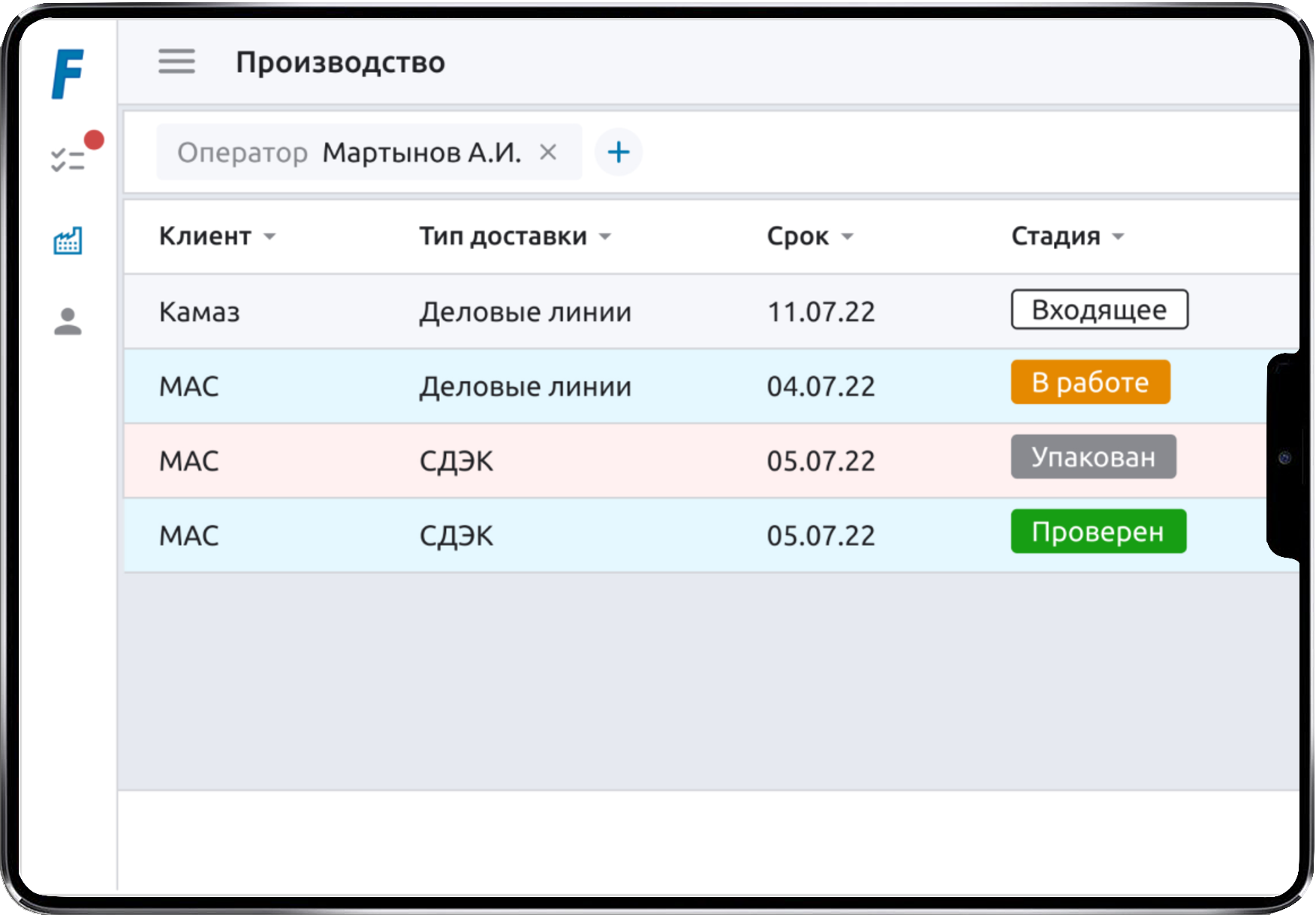 Общий интерфейс системы управления заказами и задачами FILTA