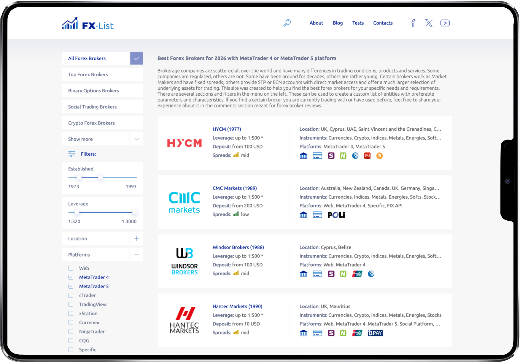 Фильтры и список площадок в сервисе FX-List