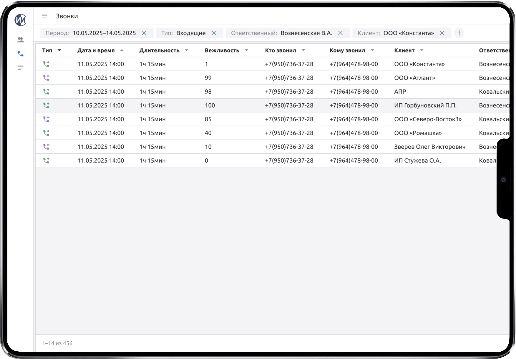 Интерфейс платформы анализа звонков со списком разговоров